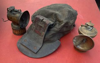 Antique Vintage Miners Cloth Hat,  2 Brass Justrite Carbide Cap Lamps Auto Lite