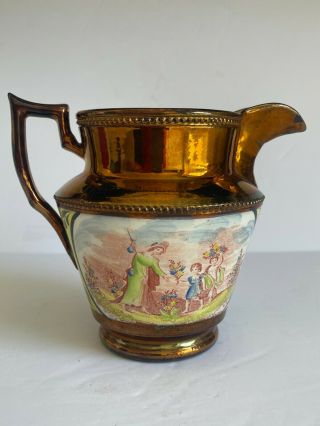 Antique Staffordshire Pottery Copper Luster Yellow Ground Jugs Colored Print