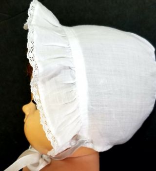 Vintage White Cotton Ruffled Baby Bonnet With Lace & Satin Ties Fits 16 " Doll