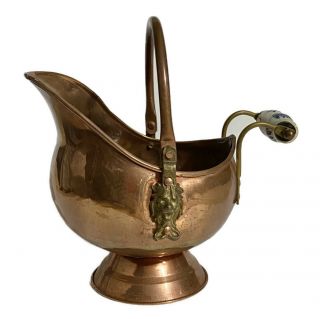 Vintage Dutch Copper Brass Coal Ash Bucket Made Ireland Lion Head Delft Handles