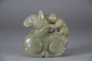 Chinese Antique Qing 100 Natural Hetian Jade Hand - Carved Monkey Horse Statues