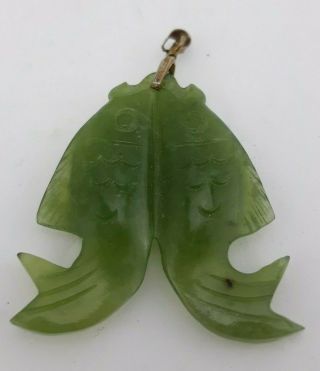 Vintage Sterling Silver Bail / Carved Jade Double Fish Pendant