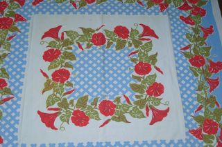 VINTAGE 1950 ' s TABLECLOTH - RED MORNING GLORIES on BLUE LATTICE BORDER 44 