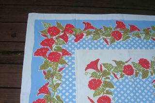 VINTAGE 1950 ' s TABLECLOTH - RED MORNING GLORIES on BLUE LATTICE BORDER 44 