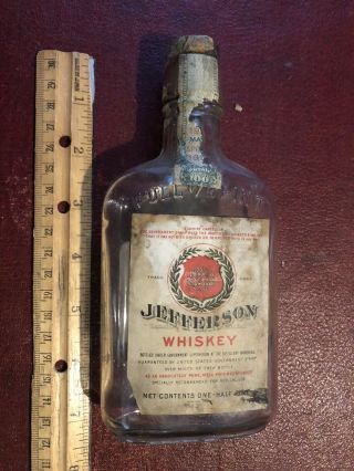Antique 1915 Us Government Jefferson Whiskey Bottle 1/2 Pint H Wilken Kentucky