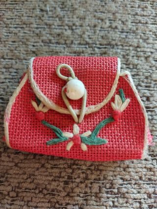 Vintage Barbie Clone Premier? Floral Red Embroidered Straw Purse