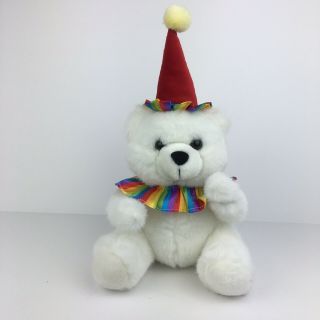Vintage 1990s White Teddy Bear Rainbow Clown Plush Jester Birthday Hat Angel Toy