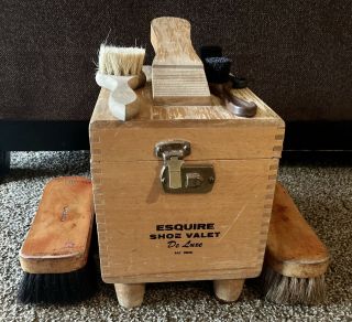 Esquire Shoe Valet De Luxe Wooden Shoe Shine Box With Horse Hair Brushes