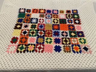 Vintage Crocheted Afghan White & Colorful Granny Square Handmade 46 X 40