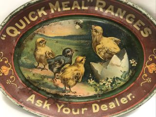 Antique C.  1910 Quick Meal Ranges Stove Kitchen Oval Tip Tray Metal Sign Chickens