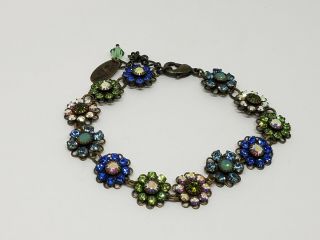 Liz Palacios Multi Color Crystal Flowers Antiqued Brass Tone Link Bracelet