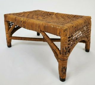 Vintage Weaved Rattan Footstool Stool Plant Stand Asian Bohemian Mid - Century