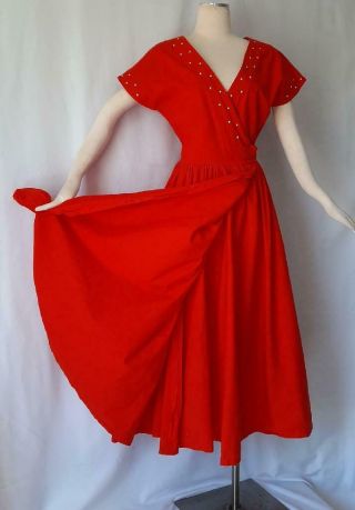 Boho Beaded Red Cotton Vintage 1970s Full Skirted Midi Wrap Dress - M / L