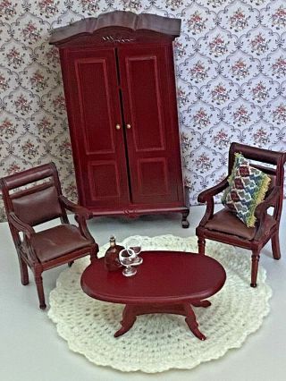 Vintage Wooden Parlor Dollhouse Miniature 1:12 Doll Coffee Table Chairs Armoire