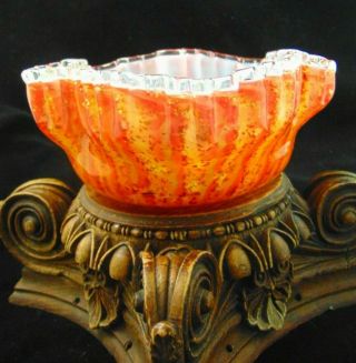 Antique Bohemian Victorian Cased Amber Mica & Pink Ribbon Art Glass Leaf Bowl