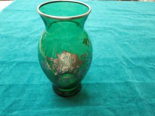 Vintage Emerald Green Glass Vase Silver Overlay Marked 