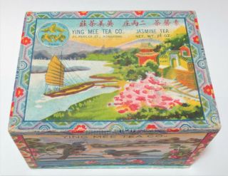 Vintage Ying Mee Tea Box Jasmine China Hong Kong Birds Floral Boat Cardboard Old
