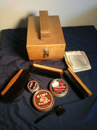 Vintage Wooden Shoe Valet Groomer Kit/box Brushes Shoe Polish Shine Master