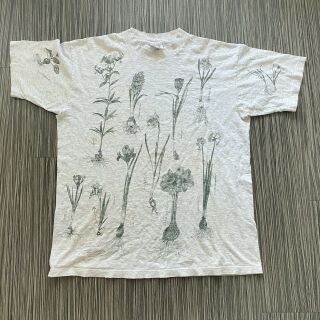 Vintage Single Stitch Flowers Floral Plants Graphic T - Shirt Mens Large Gray 90’s