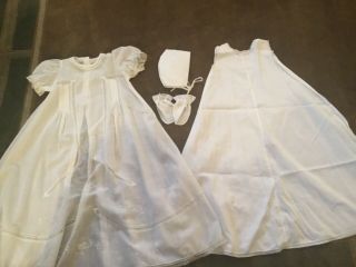 Vintage White Lace & Cotton Baby Doll 30” Long Gown 4pc Set W/ Bonnet & Booties