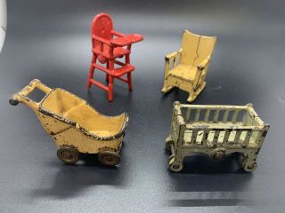 Antique Doll House Miniature - Cast Iron - Kilgore Nursery Baby Furniture Set Of 4