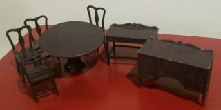 7 Pc Antique Metal Tootsie Toy Brown Dining Room Doll House Furniture Table