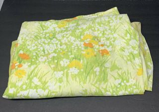 Vintage Full Flat Sheet Floral Yellow Orange Green Cottagecore Wildflower