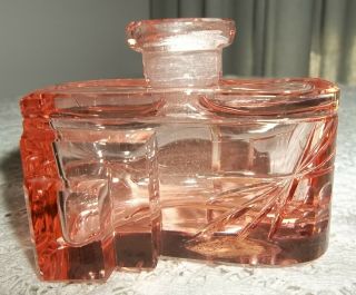 Antique Pink Cut Glass Czech Perfume Bottle Ink Stamped Paper Label " Silver Leaf