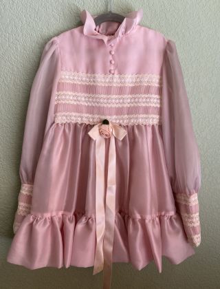 Vintage Dorissa Of Miami Girls Size 7 Dress High Ruffle Neck Pink Lace Detail