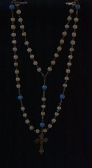 † C.  1900 Antique Rosary White Glass Beads Cross Pendant Crucifix Jesus Christ †
