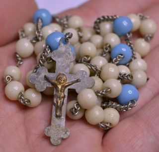 † c.  1900 Antique Rosary White Glass Beads Cross Pendant Crucifix Jesus Christ † 2