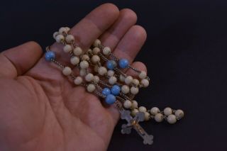 † c.  1900 Antique Rosary White Glass Beads Cross Pendant Crucifix Jesus Christ † 3