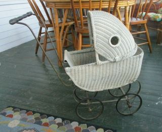 Antique Vintage Baby Doll Stroller White Wicker Carriage Buggy