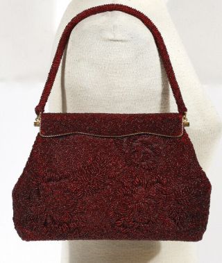 Vintage Deep Red Beaded Evening Bag W/ Floral Design