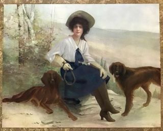 Antique Art Print Lady With 2 Dogs Hunt Scene Riding Scene 14”x11”