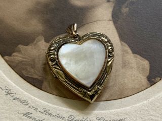 Antique Vintage Gold Filled Heart Shaped Locket Pendant Charm W Mother Of Pearl
