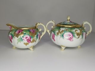 Antique Nippon Moriage And Hand Painted Roses Creamer & Sugar Bowl (1891 - 1911)