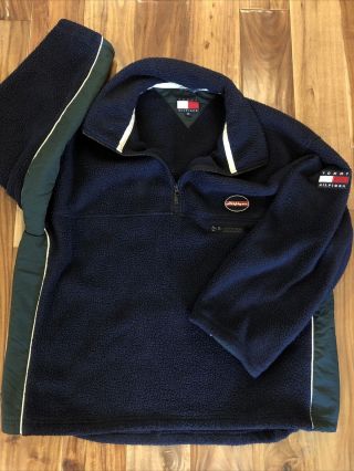 Vtg 90s Tommy Hilfiger Half Zip Pullover Deep Pile Fleece Spellout Navy Mens 2xl