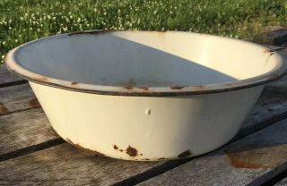 Old Porcelain Enamel Pan 16 " X 4 " Wash Basin Bowl Tub White Black Rim Display