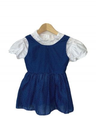 Vtg 70s Pinafore Swiss Dot Jumper Dress & Top Set Girls Size 6 Navy Blue White