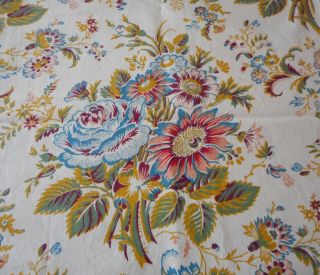 Vintage French Botanical Daisy Roses Floral Cotton Fabric Petrol Blue Salmon