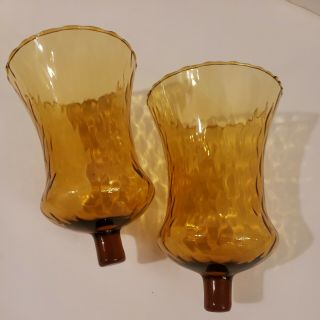 Vintage Set Of 2 Home Interior Amber Glass Candle Votive Holder Cups