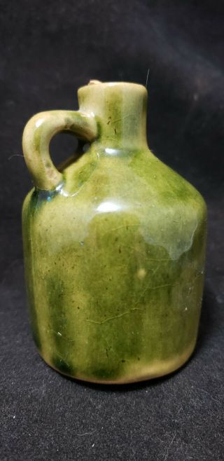Antique Yellow Green Salt Glaze Miniature Stoneware Whiskey Jug signed Drydem 8 3