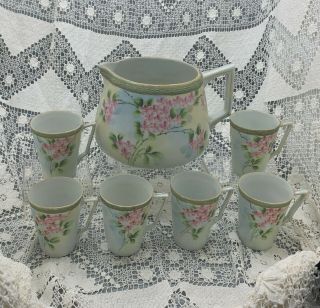 Antique Nippon TE - OH China Hand Painted Lemonade Pitcher and 6 Mugs / Cups Set 2