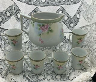 Antique Nippon TE - OH China Hand Painted Lemonade Pitcher and 6 Mugs / Cups Set 3