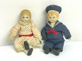 Russ Berrie Dolls Vintage Porcelain Sailor Boy & Girl With Polka Dot Dress
