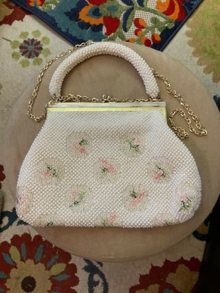 Vintage White And Pink,  Green And Gold Floral Beaded Purse