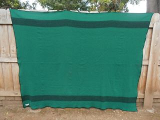 Vintage LL Bean Kelly Green Wool Twin Blanket Black Stripe Camp Throw 78 X 102 2