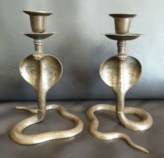 Antique Anglo Indian Colonial Brass Cobra Snake Candlesticks.