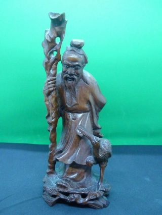 Vintage Chinese Wooden Carving Deity Figure With Crane.